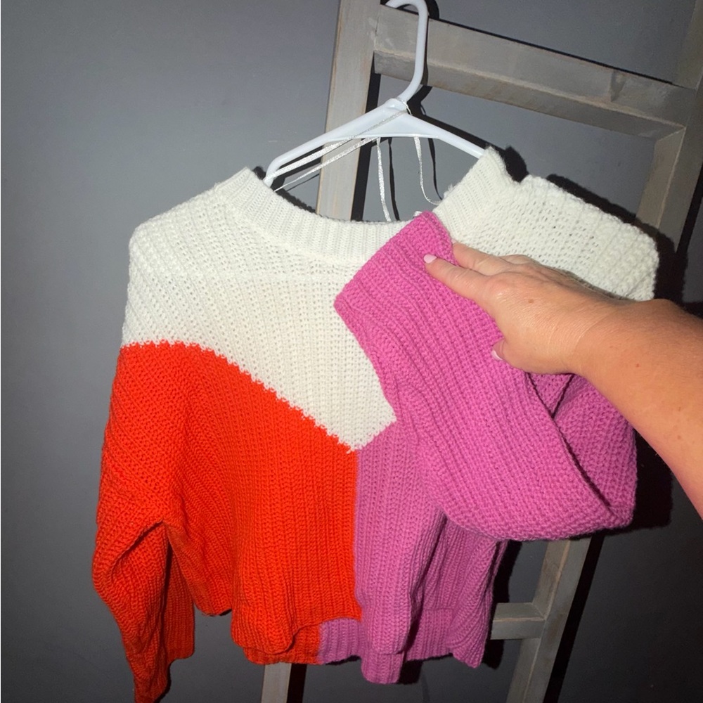 Sincerely Jules Colorblock Crewneck Sweater in White, Orange & Pink